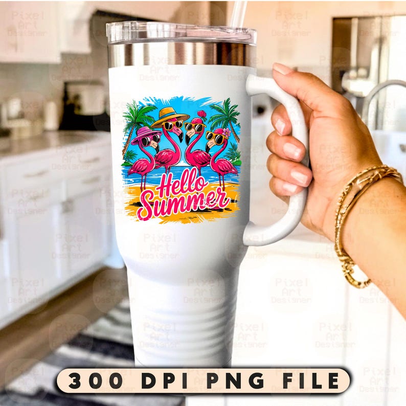 May include: White tumbler with a handle featuring a colorful illustration of pink flamingos wearing sunglasses and hats with the text "Hello Summer".