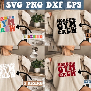 May include: Four images of a person wearing a beige sweatshirt with the text "Morning Gym Crew" in different colors. The first image has the text in rainbow colors, the second image has the text in black, the third image has the text in white, and the fourth image has the text in red.