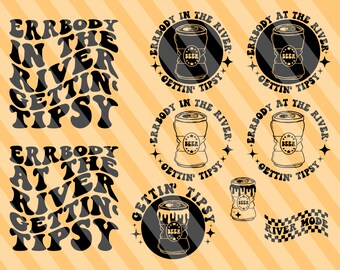 Op de afbeelding: Een set van zes zwart-wit illustraties met de tekst "Errbody in the river gettin' tipsy" en "Errbody at the river gettin' tipsy" met een bierblikje-afbeelding. De illustraties zijn op een gele en zwarte gestreepte achtergrond.