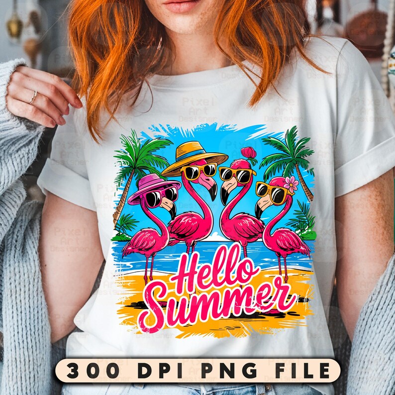 May include: A white t-shirt with a graphic design of four pink flamingos wearing sunglasses and hats. The flamingos are standing in front of palm trees and the text "Hello Summer" is printed below them.
