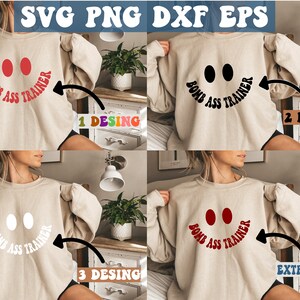 May include: A beige sweatshirt with three different designs of a smiley face with the text "BOMB ASS TRAINER" printed on it. The designs feature red, black, and white text.