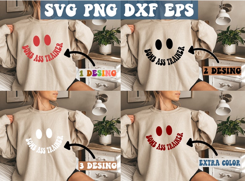 May include: A beige sweatshirt with three different designs of a smiley face with the text "BOMB ASS TRAINER" printed on it. The designs feature red, black, and white text.