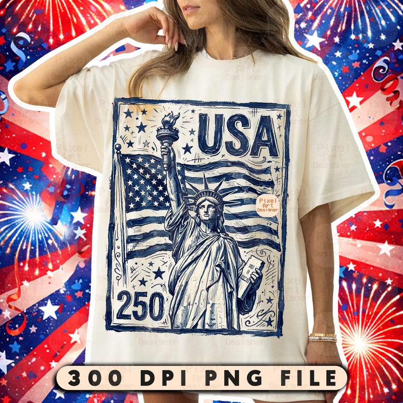 Może przedstawiać: Kremowa koszulka z niebiesko-białą grafiką przedstawiającą Statuę Wolności, amerykańską flagę i napis "USA". Grafika zawiera liczbę "250" i jest obramowana niebieską obw&oacute;dką. Na dole koszulki znajduje się napis "300 DPI PNG FILE".