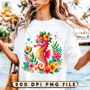 Colorful Seahorse with Flowers PNG, Bright Tropical Sea Life, Beach Seahorse Clipart, Funny Vacation, Ocean Life Floral Png, Seahorse Png