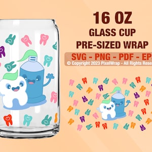 Tooth Can Glass Wrap Svg, 16oz Glass Can Svg, Libbey Glass Can Wrap Svg, Dental Health Svg, Dental Svg, Floss Brush Svg, Dental Student Svg
