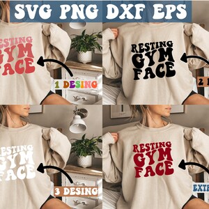 May include: Four images of a beige sweatshirt with the text "Resting Gym Face" in different colors. The text is in a retro font style. The first image has pink, orange, and red text. The second image has black text. The third image has white text. The fourth image has red text.