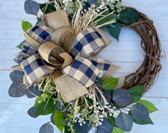 Rustic Wreath for Front Door, Burlap and Blue Wreath, Fall Wreath, Blue and Burlap Buffalo Check Wreath,  Greenery Wreath, Farmhouse Wreath