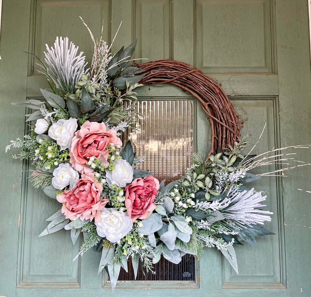 Winter Front Door Wreath , Frosted Lamb's Ear Eucalyptus Wreath ...