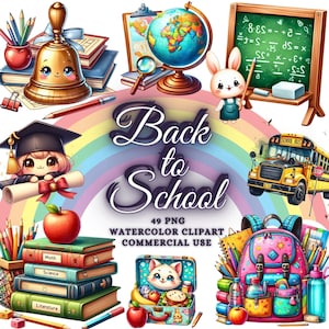 Aquarelle pour la rentrée des classes PNG, ensemble de cliparts pour la rentrée des classes, fournitures scolaires Png, enseignement des graphiques, cliparts école, cliparts livre
