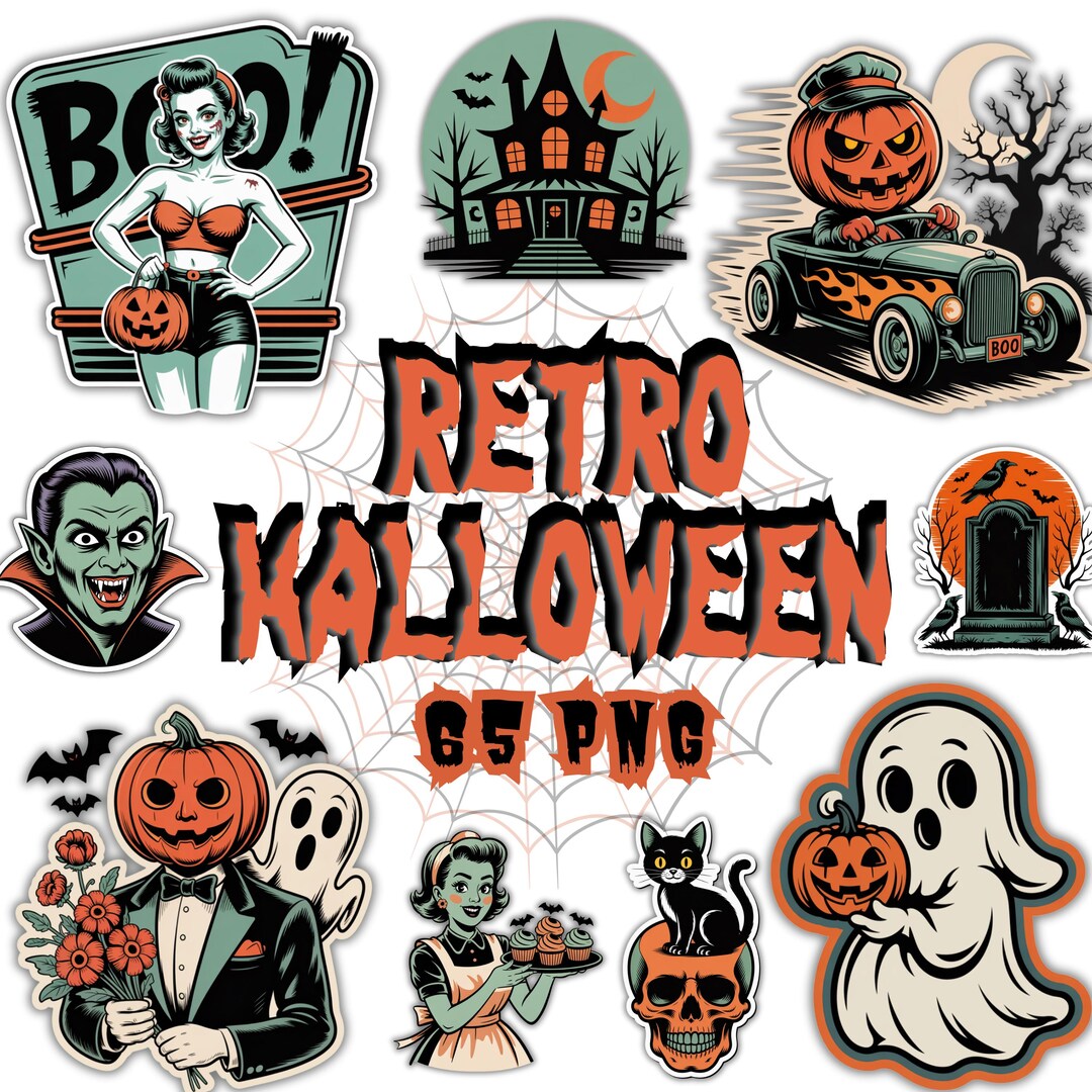 65 Vintage Halloween Stickers Clipart Bundle, Cute Halloween PNG Bundle ...