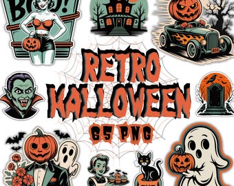 Paquete de 65 imágenes prediseñadas de pegatinas vintage de Halloween, paquete de imágenes PNG de Halloween adorables, recortes precisos, imágenes prediseñadas para álbumes de recortes, calabazas y brujas espeluznantes para diarios.