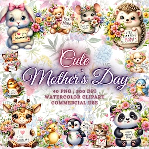 Paquete de 40 imágenes prediseñadas del Día de la Madre con animales lindos en acuarela, imágenes prediseñadas del Día de la Madre, imágenes prediseñadas del Día de la Madre, paquete de imágenes prediseñadas de animales lindos, imágenes prediseñadas de mamá, imágenes prediseñadas de mamá
