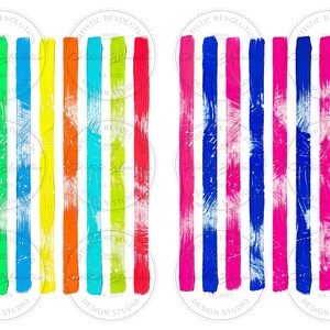May include: Two abstract designs featuring vertical brushstrokes. One showcases vibrant rainbow colors: pink, green, blue, yellow, orange, turquoise, and red. The other design displays blue and pink stripes. The text "ARTISTIC REVOLUTION DESIGN STUDIO" is visible.