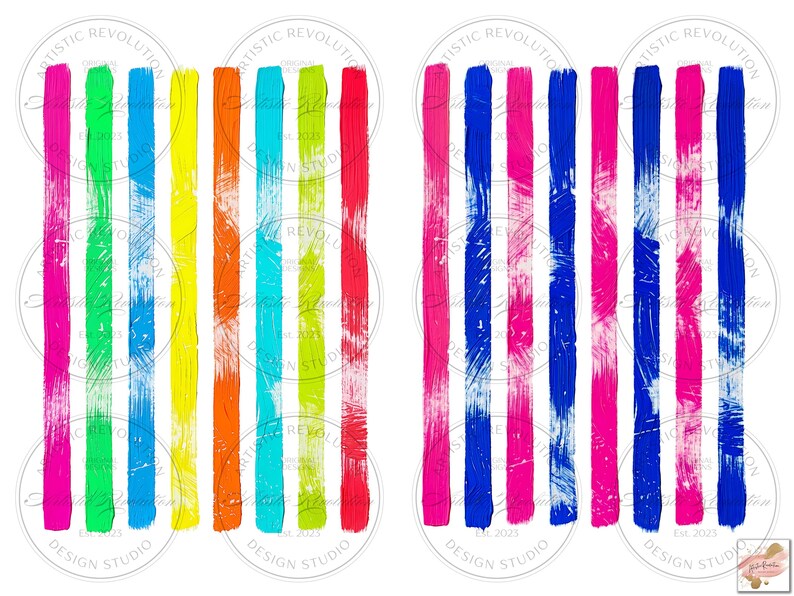 May include: Two abstract designs featuring vertical brushstrokes. One showcases vibrant rainbow colors: pink, green, blue, yellow, orange, turquoise, and red. The other design displays blue and pink stripes. The text "ARTISTIC REVOLUTION DESIGN STUDIO" is visible.