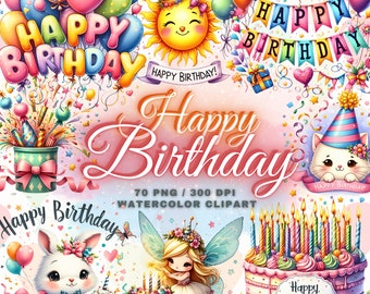 70 Watercolor Happy Birthday Clipart Bundle, Colorful Birthday Clipart, Birthday Cake Clipart Happy Birthday Png Bundle Balloon Birthday Png