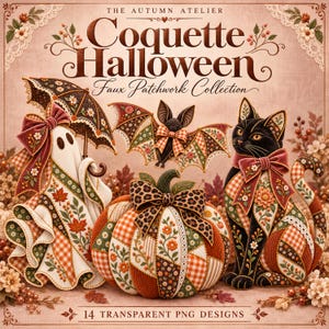 May include: A digital collection titled The Autumn Atelier Coquette Halloween Faux Patchwork Collection featuring a ghost with an umbrella, a bat, a pumpkin, and a black cat, all decorated with orange, green, and brown floral and plaid patterns.