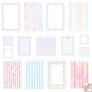 May include: Watercolor illustrations of various frames and patterns in pastel colors. Designs include striped backgrounds, scalloped frames, and frames with floral and star accents. The color palette features pink, blue, yellow, and green.