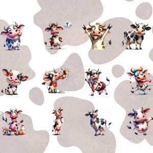 May include: A collection of whimsical watercolor illustrations of cartoon cows in various poses. The cows have black and white spots, expressive faces, and are depicted with accessories like sunglasses and musical instruments. The background features a pattern of cow spots.