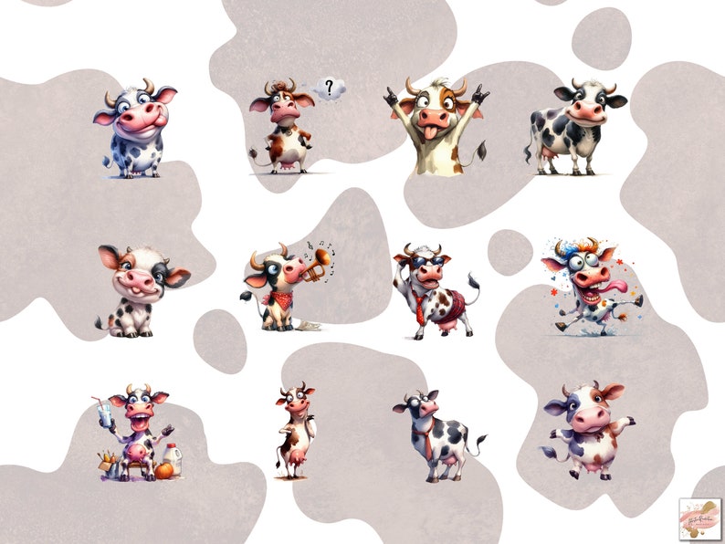 May include: A collection of whimsical watercolor illustrations of cartoon cows in various poses. The cows have black and white spots, expressive faces, and are depicted with accessories like sunglasses and musical instruments. The background features a pattern of cow spots.