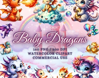 160 Watercolor Baby Dragons Clipart Bundle, Cute Baby Dragon Png Clipart, Dragon Watercolor Clipart, Fantasy Dragons Clipart Cute Dragon Png