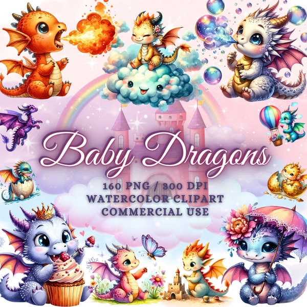 160 Watercolor Baby Dragons Clipart Bundle, Cute Baby Dragon Png Clipart, Dragon Watercolor Clipart, Fantasy Dragons Clipart Cute Dragon Png