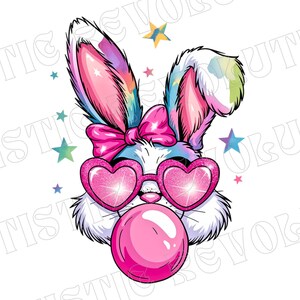 May include: A cartoon bunny with rainbow ears, pink heart-shaped sunglasses, a pink bow, and a pink bubble. The bunny is surrounded by blue and white stars.