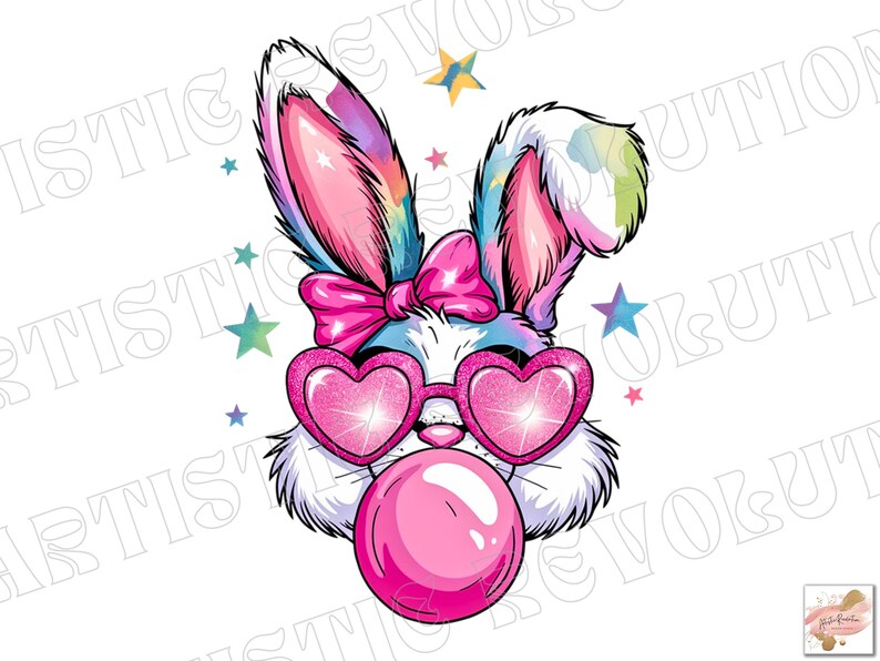 May include: A cartoon bunny with rainbow ears, pink heart-shaped sunglasses, a pink bow, and a pink bubble. The bunny is surrounded by blue and white stars.