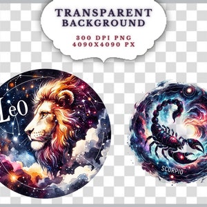 May include: Two round watercolor illustrations of zodiac signs. One features a lion with the word "Leo" and the other a scorpion with the word "Scorpio". The background is a starry night sky with colorful nebulas.
