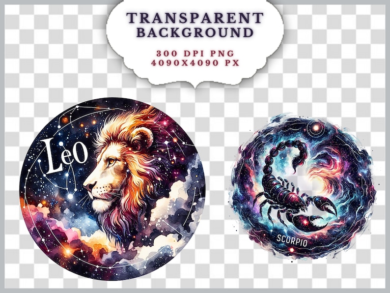 May include: Two round watercolor illustrations of zodiac signs. One features a lion with the word "Leo" and the other a scorpion with the word "Scorpio". The background is a starry night sky with colorful nebulas.