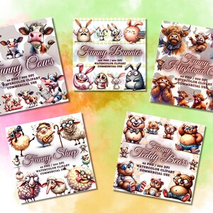 May include: A collection of watercolor clipart featuring whimsical animals. The image showcases "Funny Cows", "Funny Bunnies", "Funny Highland Cows", "Funny Sheep", and "Funny Teddy Bears". Each design includes the text "Watercolor Clipart Commercial Use".