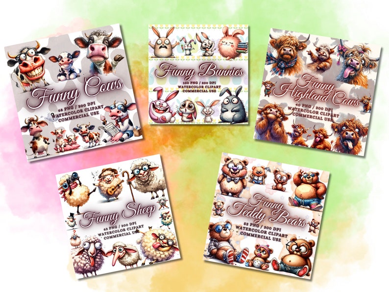 May include: A collection of watercolor clipart featuring whimsical animals. The image showcases "Funny Cows", "Funny Bunnies", "Funny Highland Cows", "Funny Sheep", and "Funny Teddy Bears". Each design includes the text "Watercolor Clipart Commercial Use".