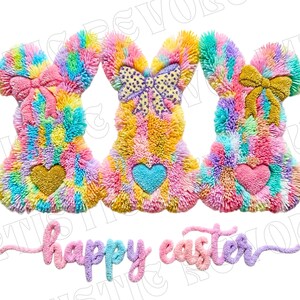 May include: Three colorful Easter bunny decorations with rainbow fur, each with a heart and bow. The bunnies are arranged above the words "happy easter" in a pastel font. A festive and cheerful Easter decoration.