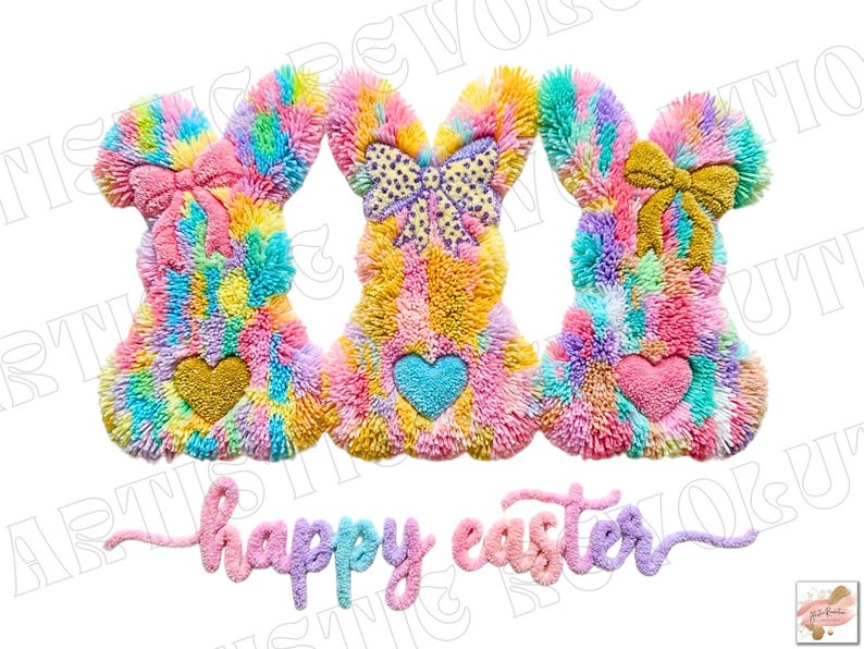 May include: Three colorful Easter bunny decorations with rainbow fur, each with a heart and bow. The bunnies are arranged above the words "happy easter" in a pastel font. A festive and cheerful Easter decoration.