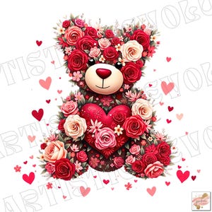 Osito de peluche rosa con flores para San Valentín, dibujo de acuarela en formato PNG para camiseta, taza, oso con corazón, dibujo de amor, dibujo de San Valentín