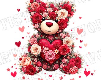 May include: A teddy bear made entirely of red and pink roses, holding a large red heart in its paws. The bear is surrounded by smaller red hearts.