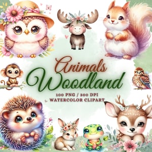 100 lindo paquete de imágenes prediseñadas de animales del bosque de acuarela, imágenes prediseñadas de animales del bosque PNG, animales lindos del bebé PNG, animales de baby shower, imágenes prediseñadas de la guardería