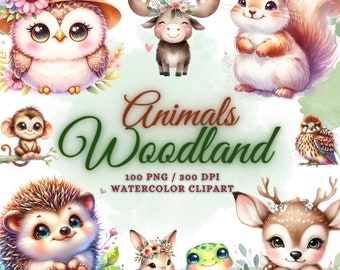 100 Cute Watercolor Woodland Animals Clipart Bundle, Forest Animals Clipart PNG, Cute Baby Animals PNG, Baby Shower Animals, Nursery Clipart