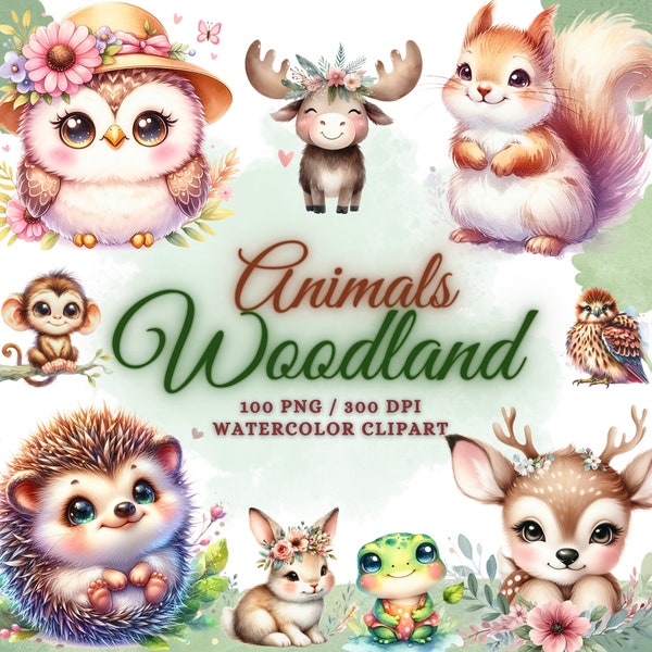 100 Cute Watercolor Woodland Animals Clipart Bundle, Forest Animals Clipart PNG, Cute Baby Animals PNG, Baby Shower Animals, Nursery Clipart