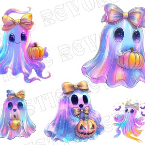 Op de afbeelding: Een verzameling grillige, kleurrijke spookillustraties. Elke geest wordt afgebeeld met een schattige uitdrukking, een strik en een pompoen. De geesten zijn in tinten blauw, paars, roze en geel, met een glittereffect.