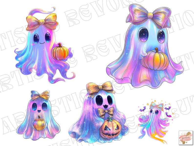 Op de afbeelding: Een verzameling grillige, kleurrijke spookillustraties. Elke geest wordt afgebeeld met een schattige uitdrukking, een strik en een pompoen. De geesten zijn in tinten blauw, paars, roze en geel, met een glittereffect.