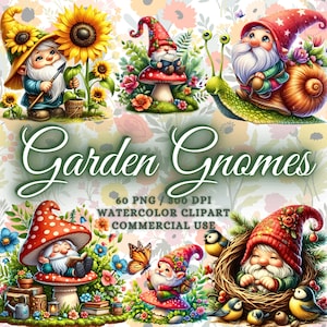 60 niedliches Aquarell Gartenzwerge Clipart Bundle, Frühlingsgarten Clipart, niedlicher Zwerg Png, Aquarell Garten Png, Gnom Sublimationsdesigns Png