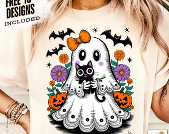Retro Halloween-spöke och katt png, läskigt spöke png, preppy blommig Halloween-png, bu Halloween-png, rolig Halloween, svart katt-pumpa-png