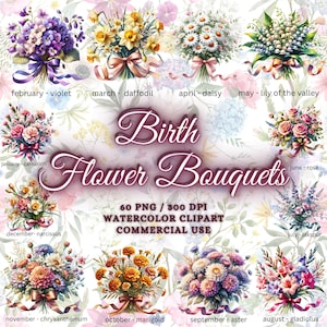 60 Pacote de clipart de flores do mês de nascimento em aquarela, pacote PNG de flores de nascimento, clipart do mês de nascimento, clipart de flores de nascimento, buquê de flores de nascimento