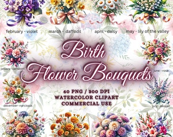 60 Watercolor Birth Month Flower Clipart Bundle, Birth Flower PNG Bundle, Birth Month Clipart, Birth Flower Clipart, Birth Flower Bouquet