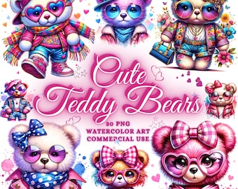 30 Watercolor Cute Teddy Bear PNG Bundle Coquette Girl Teddy Bear Sublimation Shirt Tshirt Designs  Birthday Cool Teddy Bear Clipart Bundle