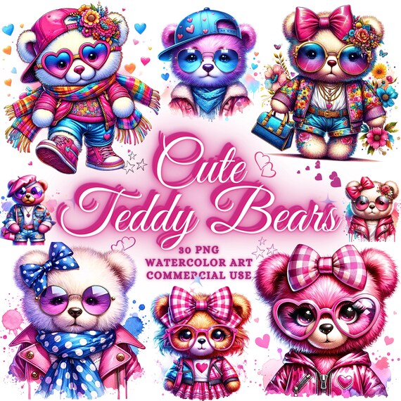 30 Watercolor Cute Teddy Bear PNG Bundle Coquette Girl Teddy Bear Sublimation Shirt Tshirt Designs  Birthday Cool Teddy Bear Clipart Bundle