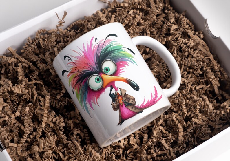 Puede incluir: Taza de cer&aacute;mica blanca con un dise&ntilde;o de p&aacute;jaro de dibujos animados colorido. El p&aacute;jaro tiene grandes ojos verdes, un largo pico negro y un cuerpo rosa. Lleva un abrigo marr&oacute;n y sostiene una peque&ntilde;a bolsa. La taza est&aacute; en una caja blanca llena de papel marr&oacute;n.