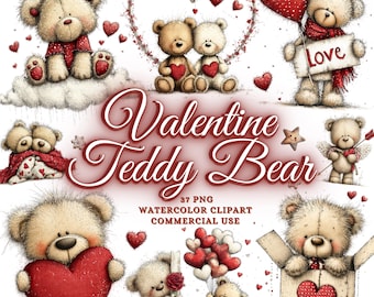 37 Whimsical Valentine Teddy Bear Clipart Bundle, Quirky Valentines Teddy Bear Png Bundle Watercolor Cute Valentine's Day Sublimation Design