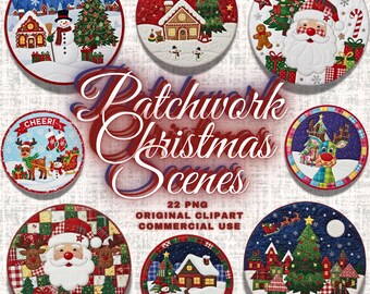 Patchwork Christmas Scenes Png Bundle, Preppy Christmas Png, Patchwork Christmas Tree Santa Snowman Festive Christmas Faux Embroidery Png
