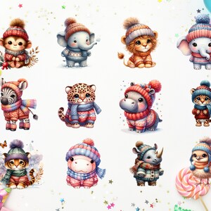May include: Twelve adorable animal illustrations wearing winter hats and scarves. The animals include a monkey, elephant, lion, zebra, leopard, hippopotamus, rhinoceros, tiger, and a chick. The illustrations are in a cartoon style and are perfect for a children's book or other creative project.